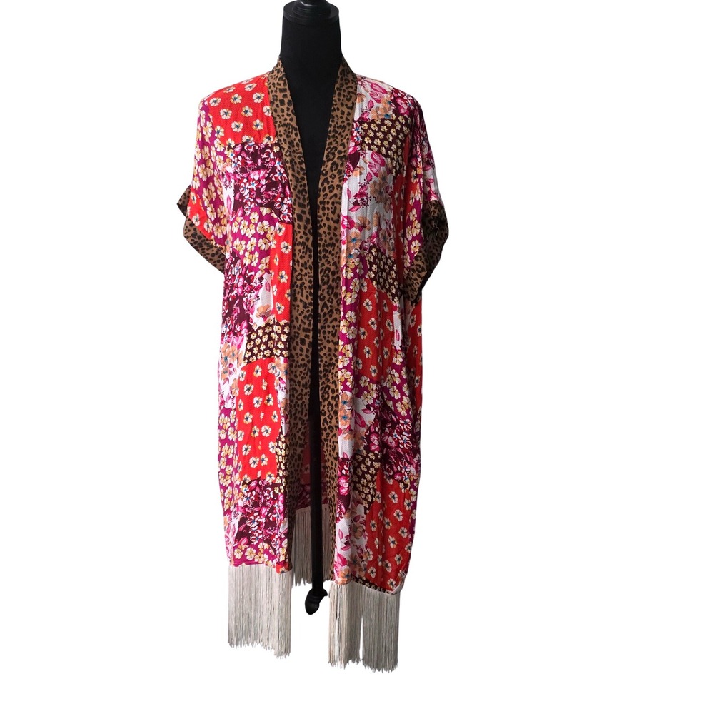 Oddi Womens Floral Patchwork Leopard Trim Fringe Kimono Red Pink Size‎  S/M